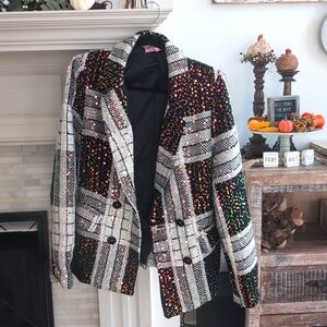Anthropologie Black Multi Sequin Plaid Blazer